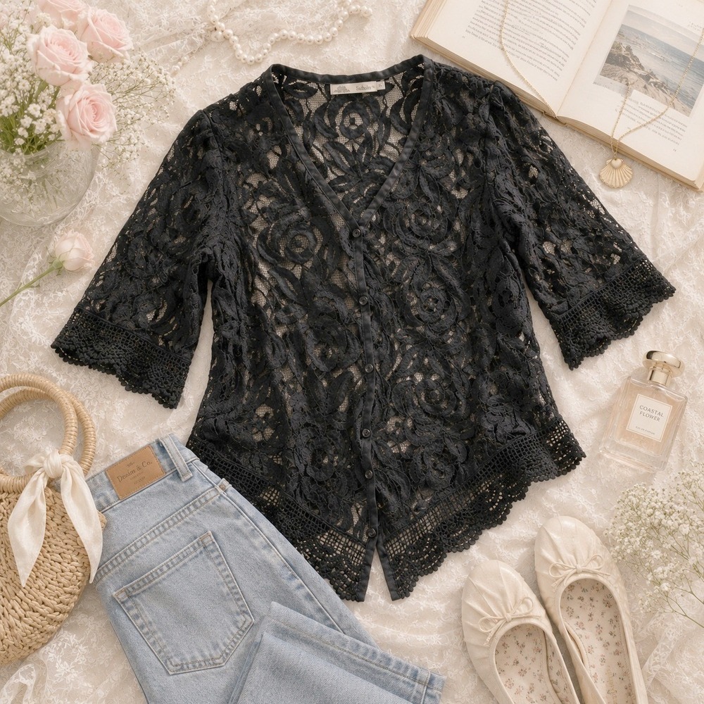 Womens Romantic Boho Lace Button Up Blouse M Black Floral Sheer Goth Solitaire